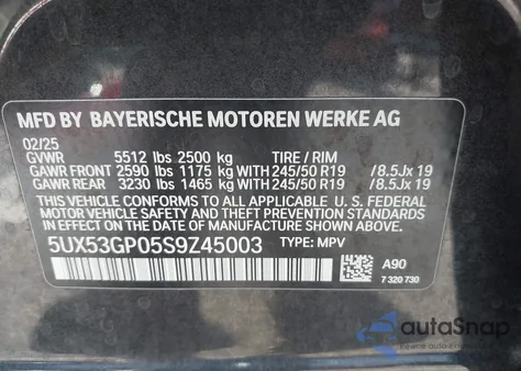 2025 BMW X3 30 xDrive из США, поврежденный, VIN 5UX53GP05S9Z45003